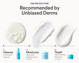 Three-step AM and PM skincare routine graphic, featuring product texture swatches above each step: 01 Cleanse — Foaming Oil Cleanser; 02 Moisturize — Triple Lipid-Peptide Cream (included in this bundle); 03 Target — Triple Lipid Eye Treatment (included in this bundle)