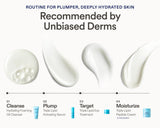 4-step routine infographic: Cleanse, Plump, Target, Moisturize, each paired with its matching Skinfix product.