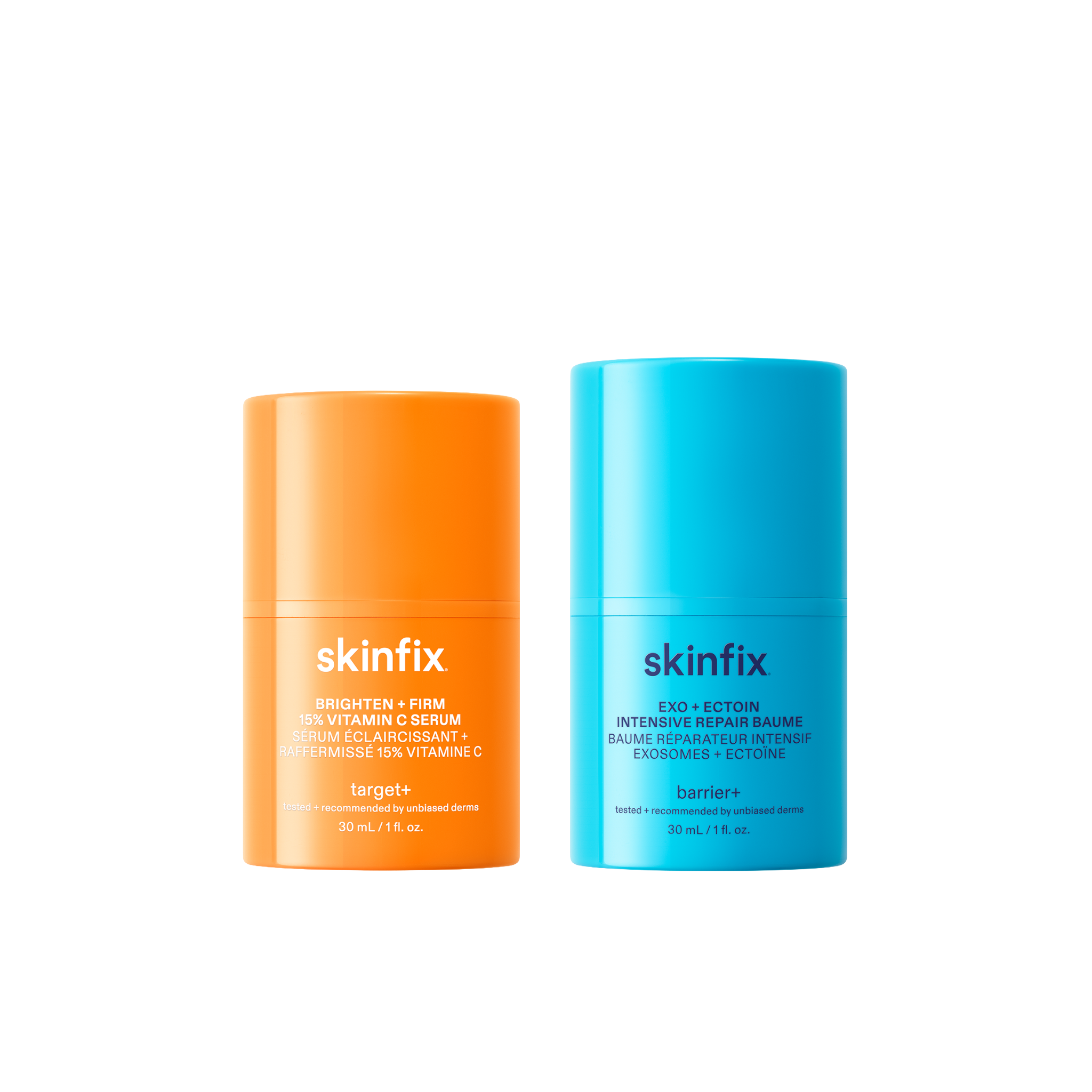 Skinfix Brighten + Firm 15% Vitamin C Serum and Exo + Ectoin Intensive Repair Baume side by side