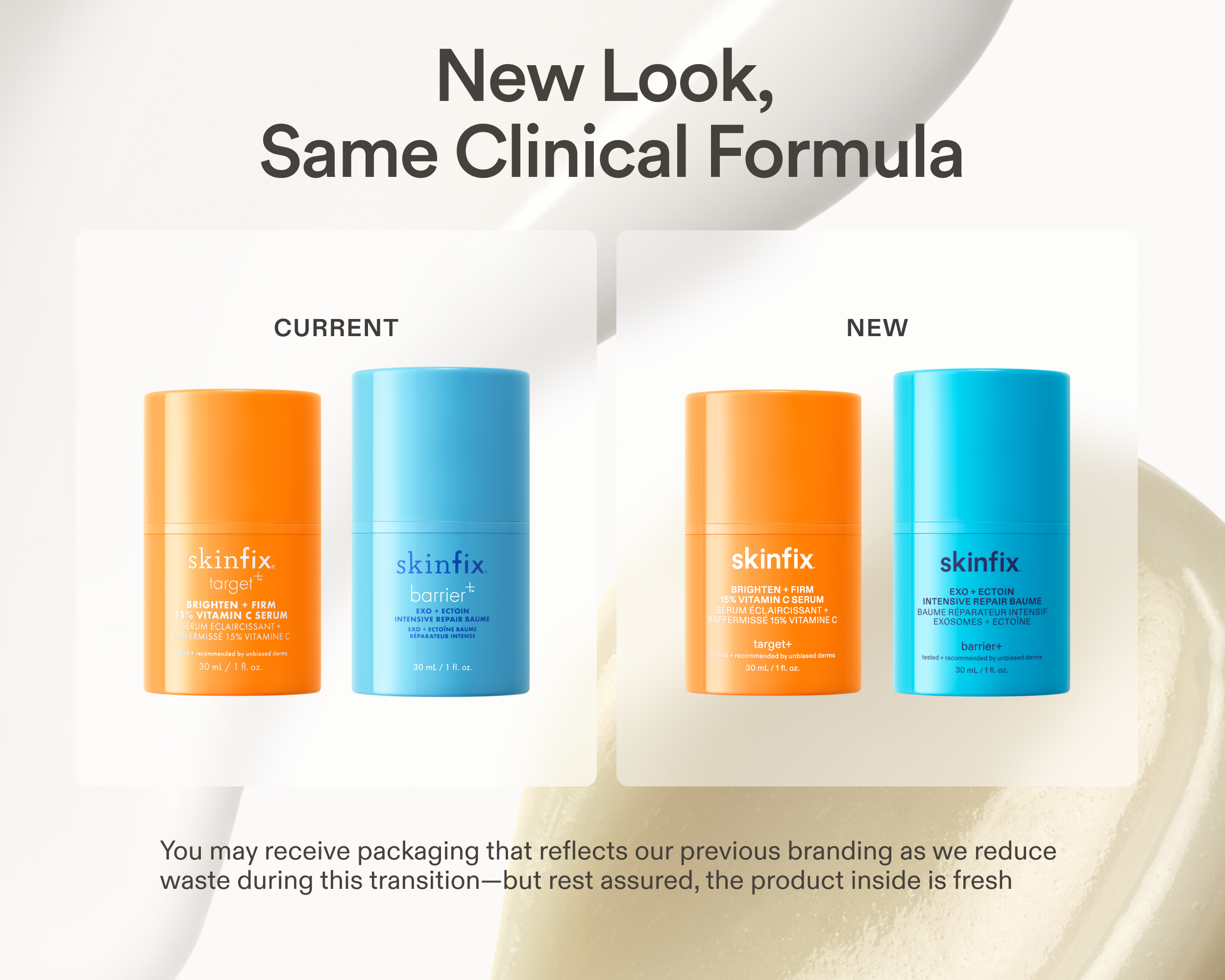 Side-by-side graphic showing current and new Skinfix packaging for Brighten + Firm Vitamin C Serum and Exo + Ectoin Intensive Repair Baume, labeled “New Look, Same Clinical Formula.”
