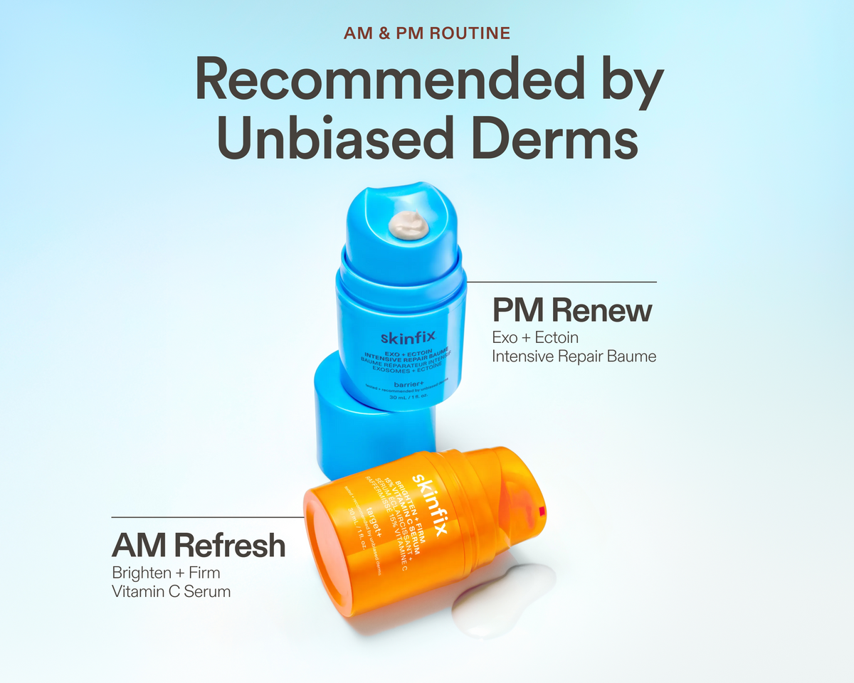 Skinfix AM & PM skincare routine featuring Brighten + Firm Vitamin C Serum for morning use and Exo + Ectoin Intensive Repair Baume for nighttime use.