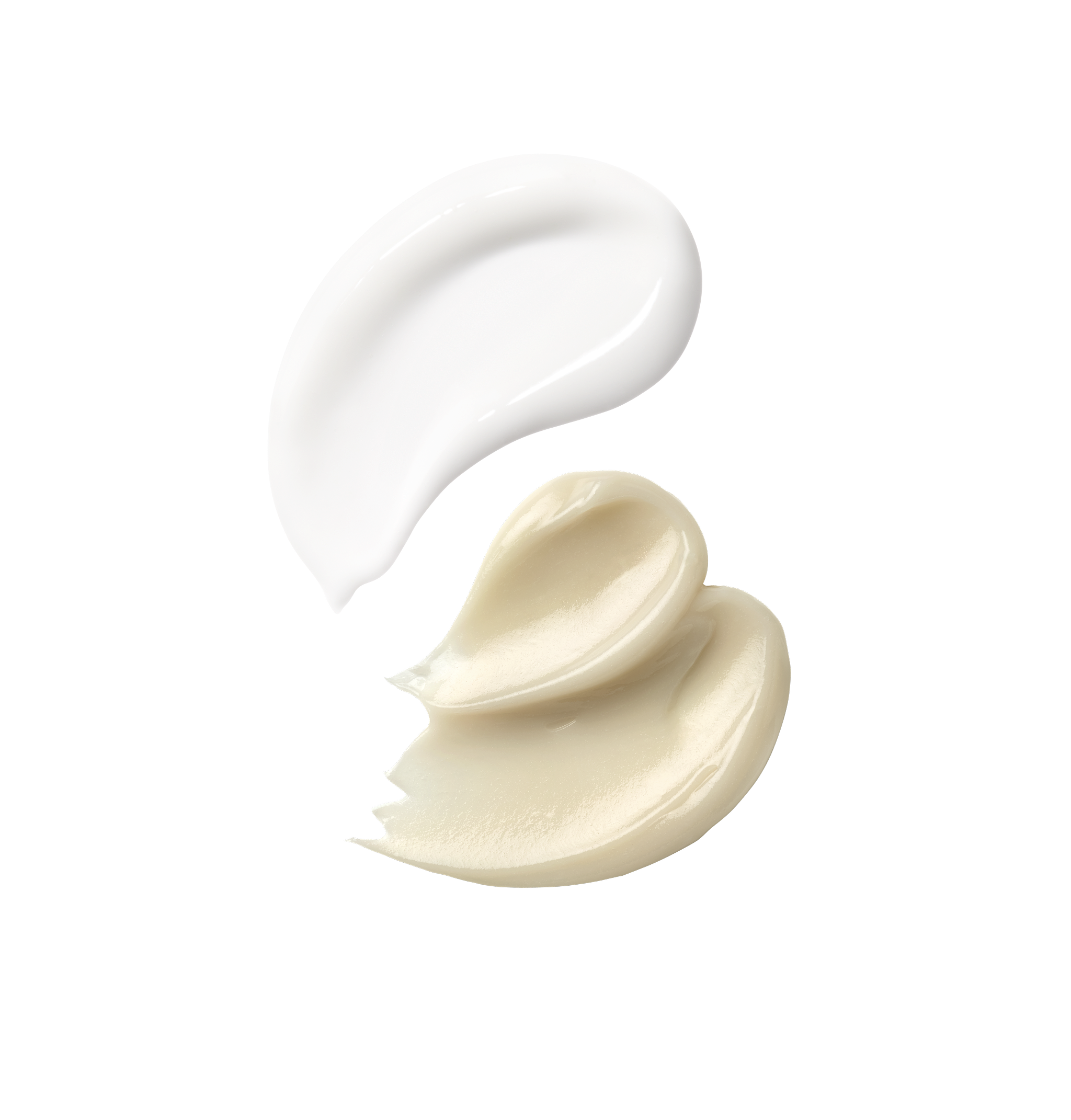 Two skincare texture swatches on a black background: a smooth white serum texture and a richer cream-balm texture, showing contrast in consistency.