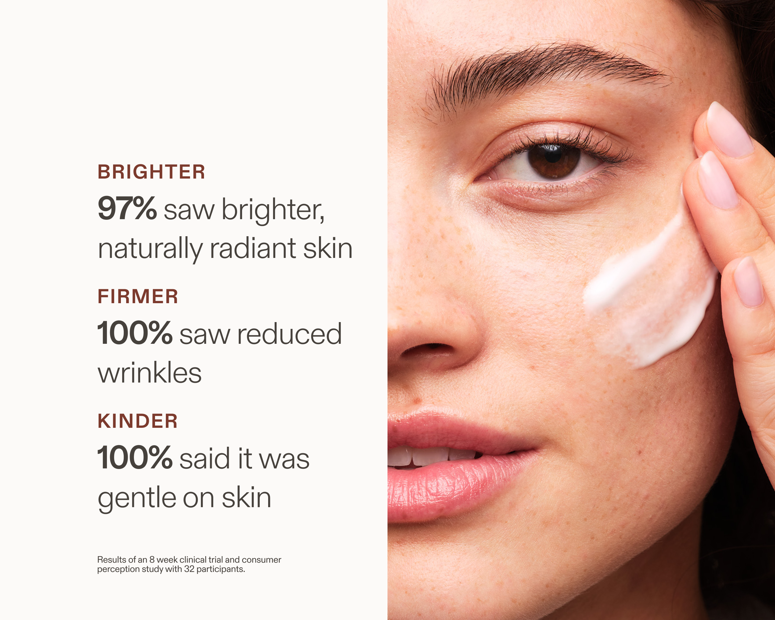 Close-up of a person applying cream to their cheek with on-image clinical claims about brighter-looking skin, reduced wrinkles, and gentle results.