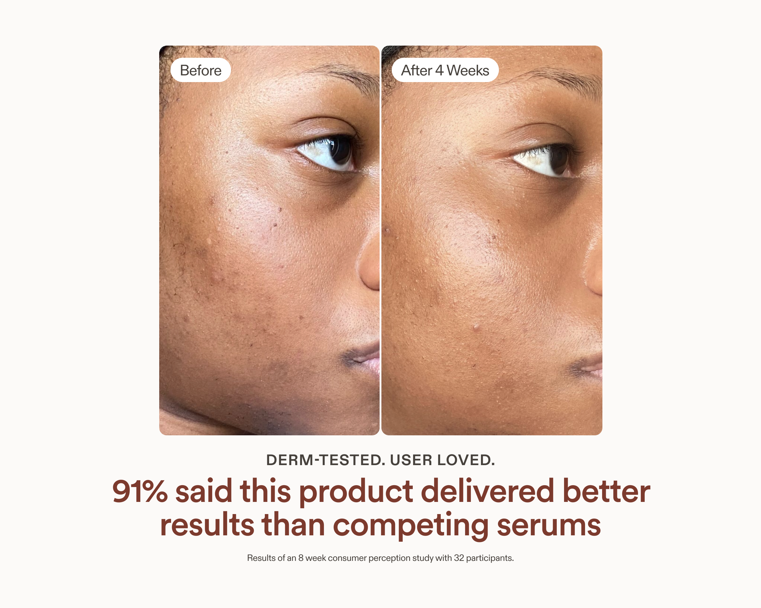 Before and after comparison of vitamin c serum with text about product effectiveness.