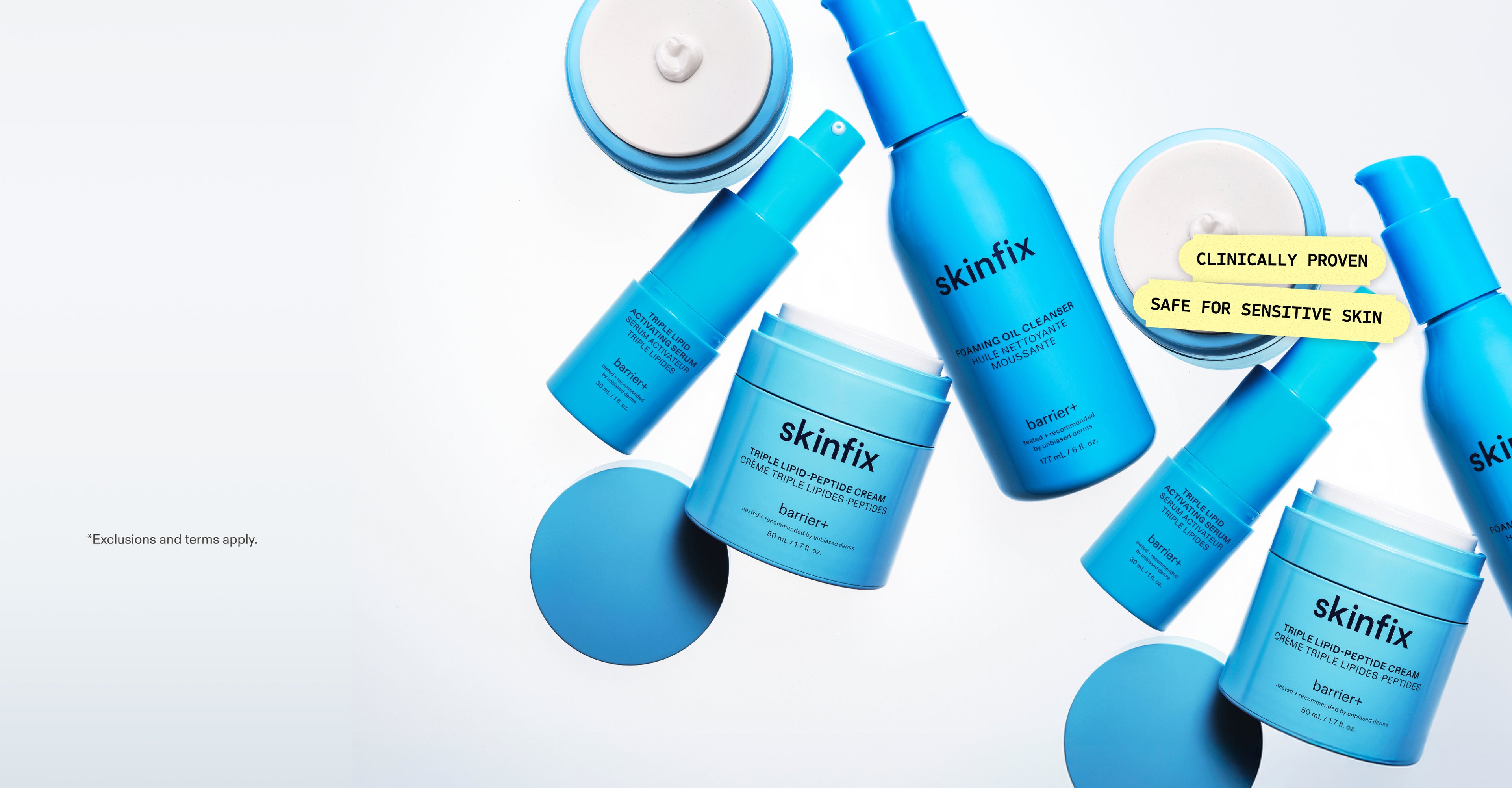 An assortment of Skinfix barrier+ products in blue packaging, including Triple Lipid-Peptide Cream, Triple Lipid Activating Serum, and Foaming Oil Cleanser, with labels reading: Clinically Proven, Safe for Sensitive Skin.