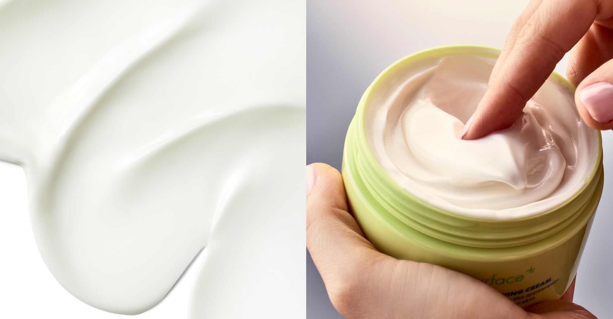 Close-up of a white cream texture swatch alongside a hand scooping product from an open Skinfix AHA/BHA Renewing Cream jar in green packaging.