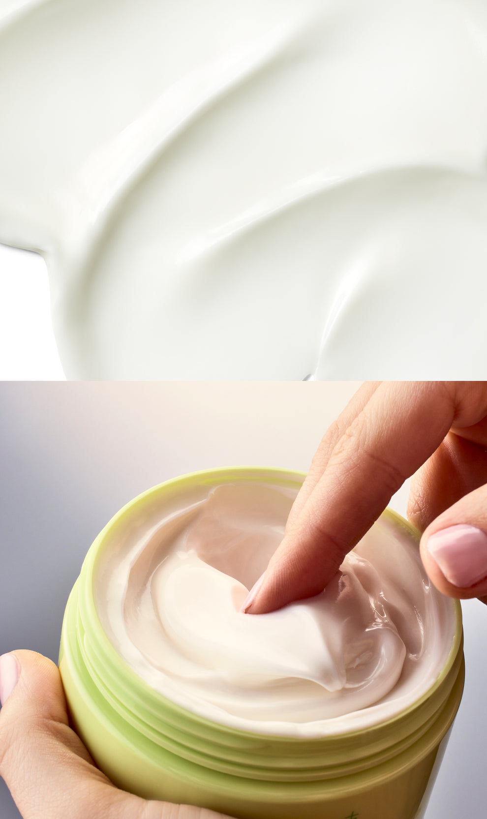 Close-up of a white cream texture swatch alongside a hand scooping product from an open Skinfix AHA/BHA Renewing Cream jar in green packaging.