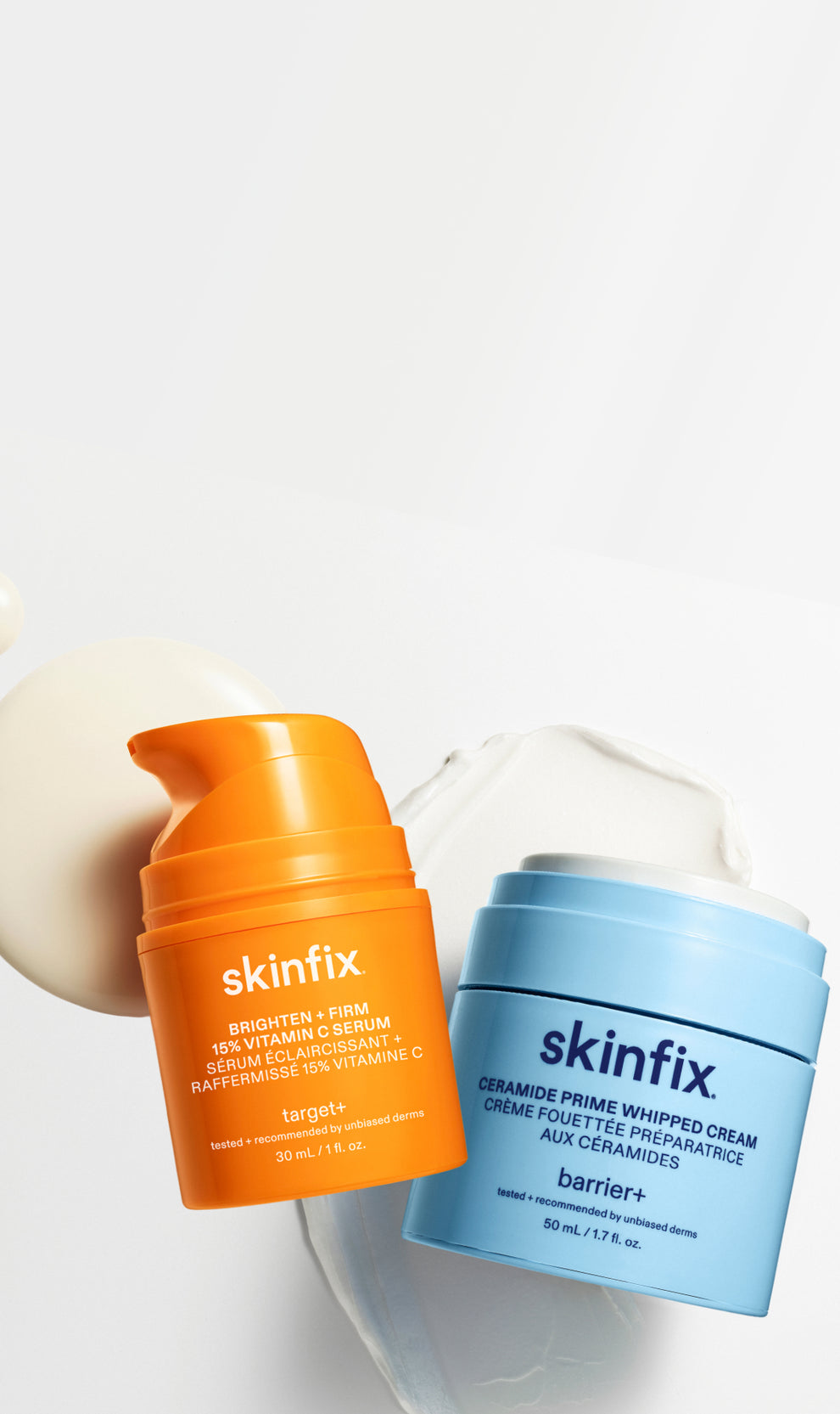 Skinfix Brighten + Firm 15% Vitamin C Serum and Ceramide Prime Whipped Cream, arranged against product texture swatches on a light grey background.