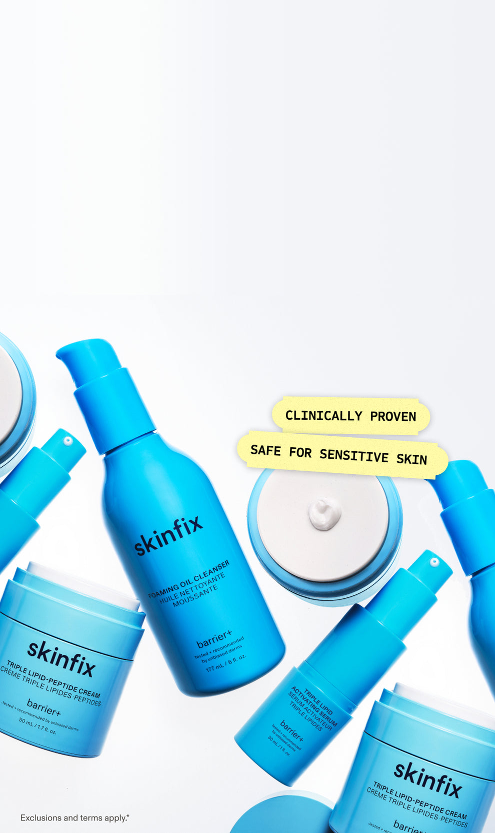 An assortment of Skinfix barrier+ products in blue packaging, including Triple Lipid-Peptide Cream, Triple Lipid Activating Serum, and Foaming Oil Cleanser, with labels reading: Clinically Proven, Safe for Sensitive Skin.