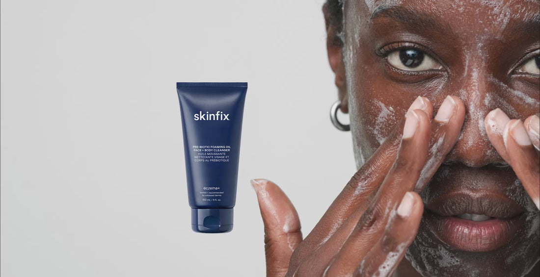 Person applying cleanser to their face with rotating images of different products.