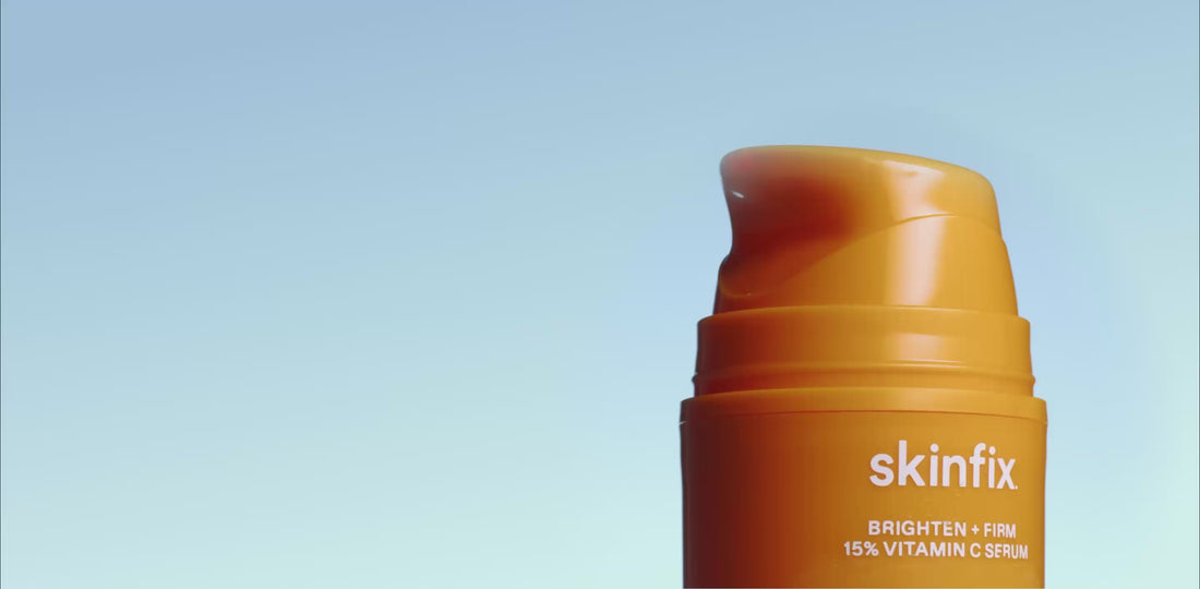 Video of Skinfix Brighten + Firm 15% Vitamin C Serum turning with new badge and second shot showing product pumping from bottle.