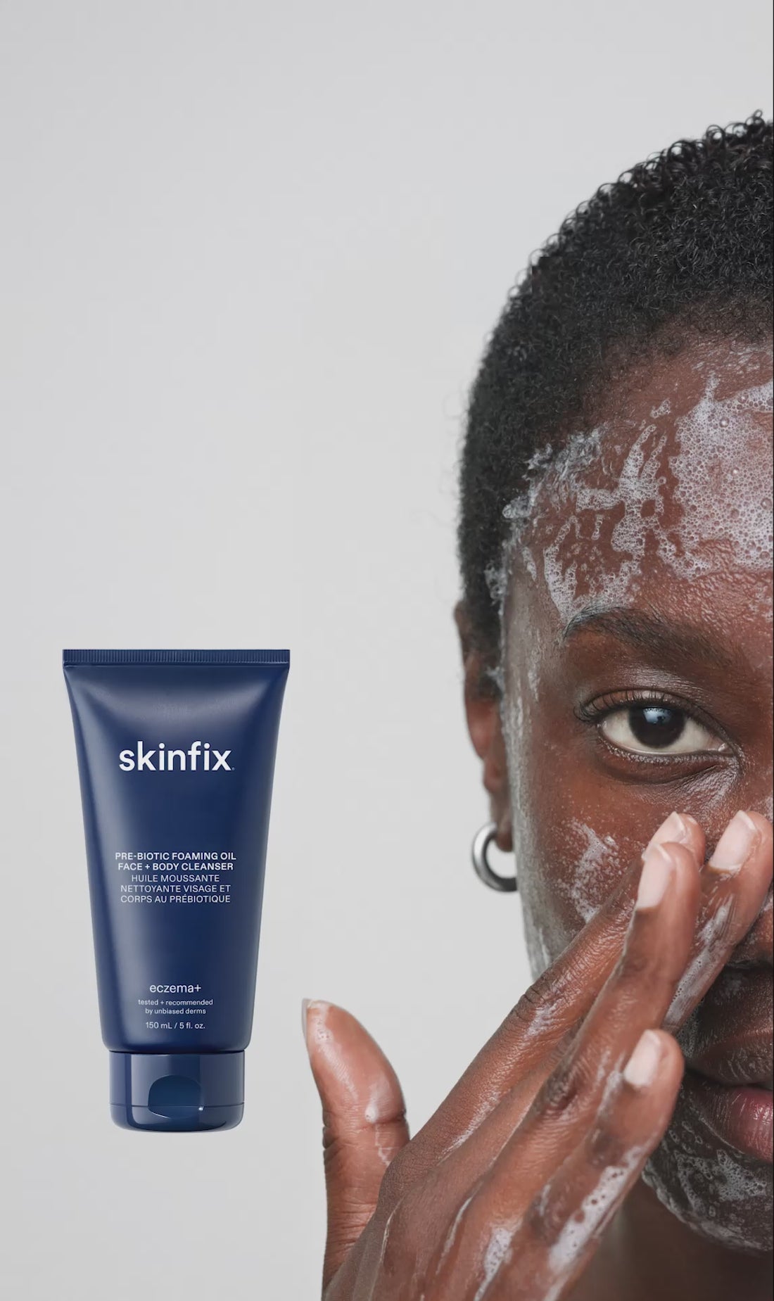 Person applying cleanser to their face with rotating images of different products.